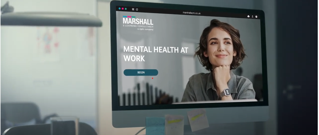 computer screen with Marshall Elearning Mental Health at work elearning course on screen